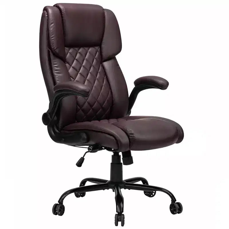 Fauteuil de bureau inclinable en cuir, ergonomique, pivotant, avec soutien lombaire à bouton et accoudoirs