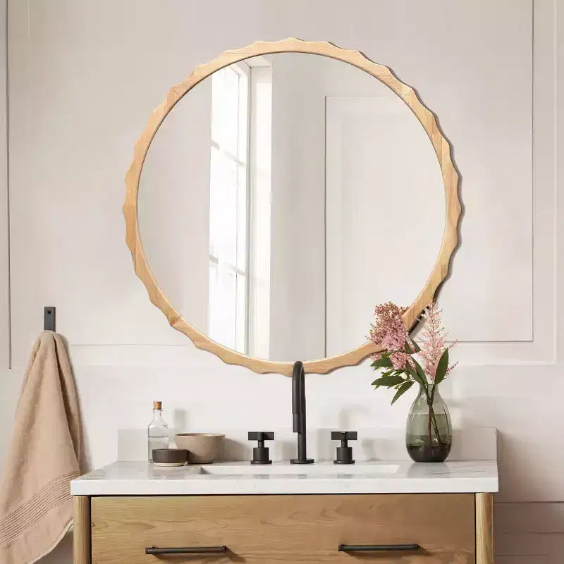 Miroir mural rond de 31,5 pouces, cadre festonné en bois naturel, miroir décoratif mural ondulé pour salle de bain, chambre à coucher, entrée, marron