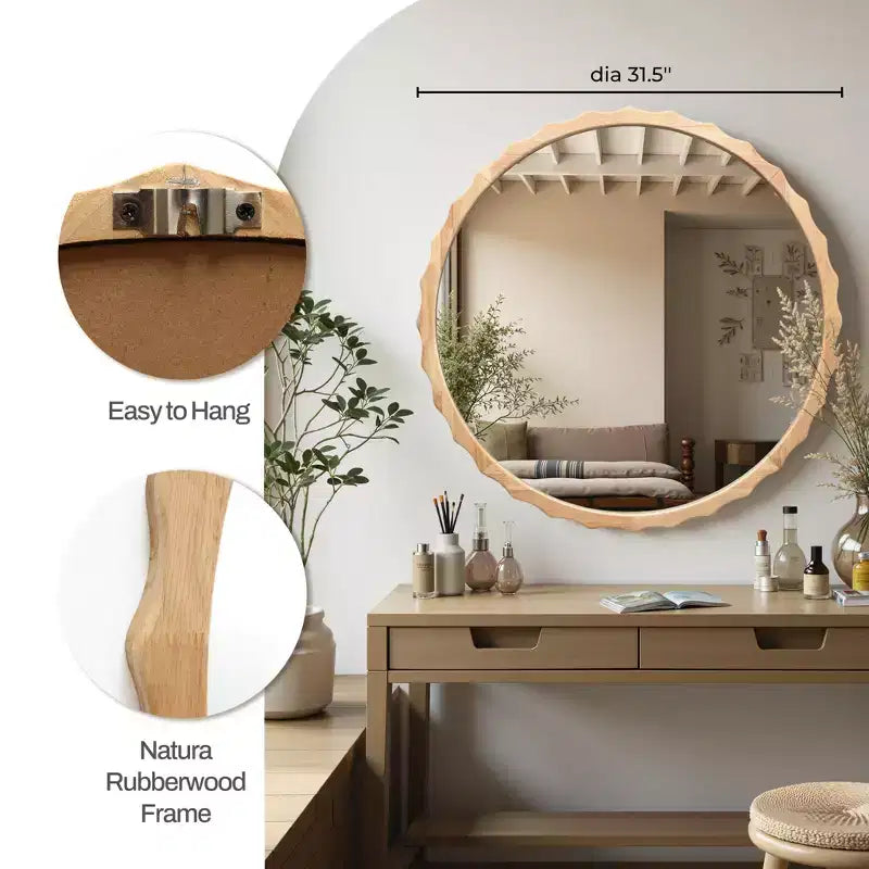 Miroir mural rond de 31,5 pouces, cadre festonné en bois naturel, miroir décoratif mural ondulé pour salle de bain, chambre à coucher, entrée, marron