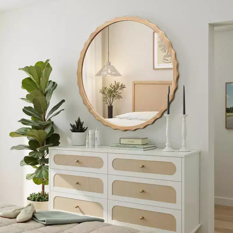 Miroir mural rond de 31,5 pouces, cadre festonné en bois naturel, miroir décoratif mural ondulé pour salle de bain, chambre à coucher, entrée, marron
