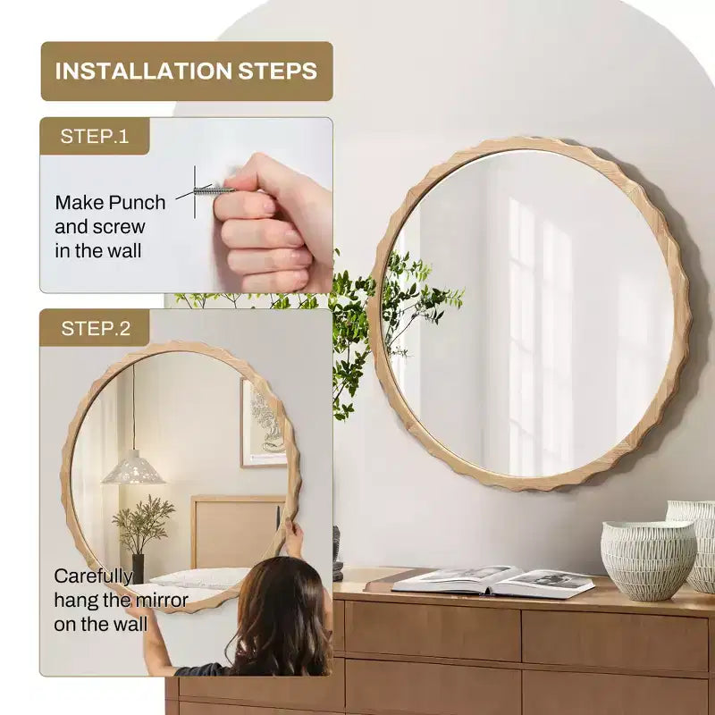 Miroir mural rond de 31,5 pouces, cadre festonné en bois naturel, miroir décoratif mural ondulé pour salle de bain, chambre à coucher, entrée, marron