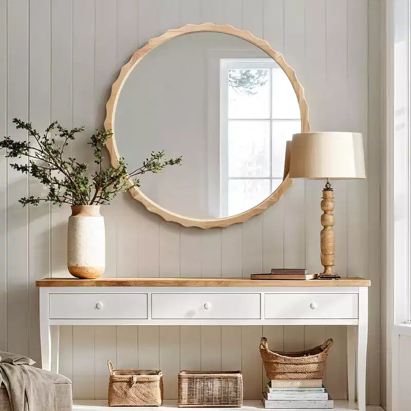 Miroir mural rond de 31,5 pouces, cadre festonné en bois naturel, miroir décoratif mural ondulé pour salle de bain, chambre à coucher, entrée, marron