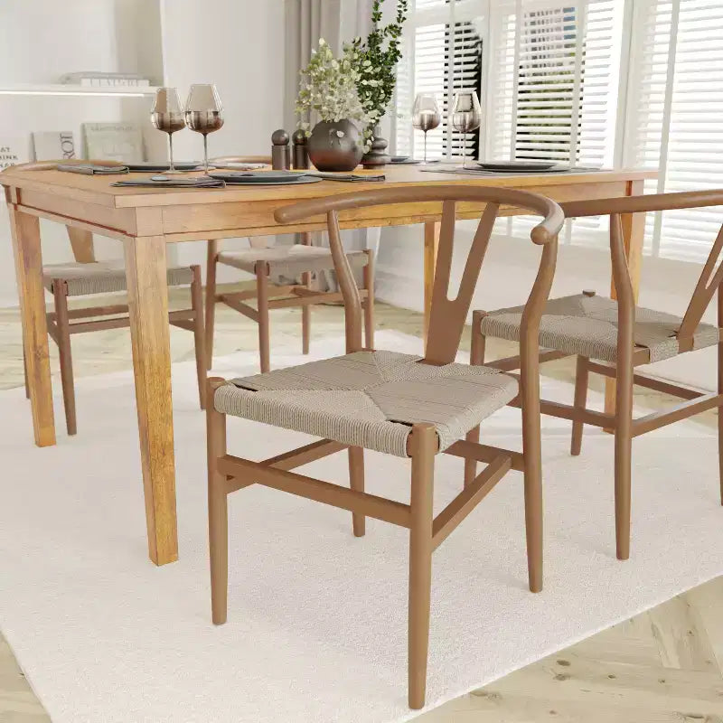 Lot de 2 chaises de salle à manger empilables en bois avec dossier en Y et assise en corde de papier kraft