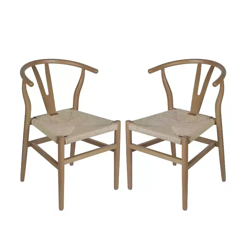 Lot de 2 chaises de salle à manger empilables en bois avec dossier en Y et assise en corde de papier kraft
