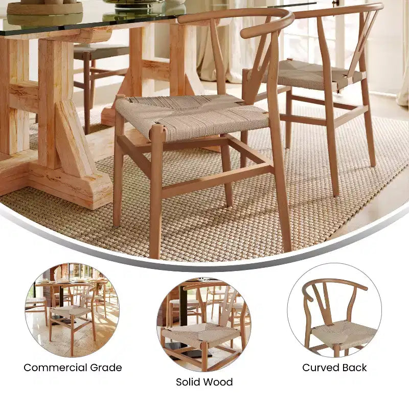 Lot de 2 chaises de salle à manger empilables en bois avec dossier en Y et assise en corde de papier kraft