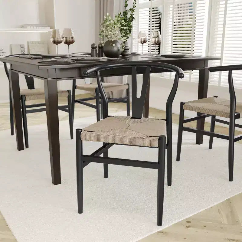 Lot de 2 chaises de salle à manger empilables en bois avec dossier en Y et assise en corde de papier kraft