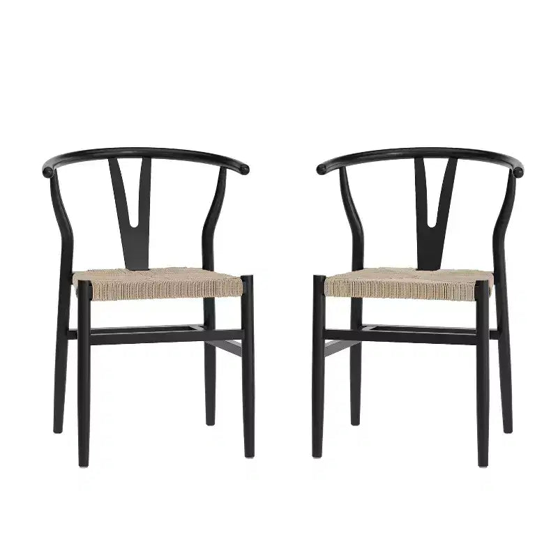 Lot de 2 chaises de salle à manger empilables en bois avec dossier en Y et assise en corde de papier kraft