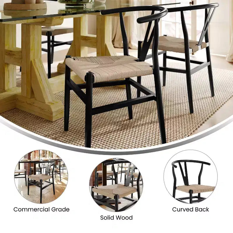 Lot de 2 chaises de salle à manger empilables en bois avec dossier en Y et assise en corde de papier kraft