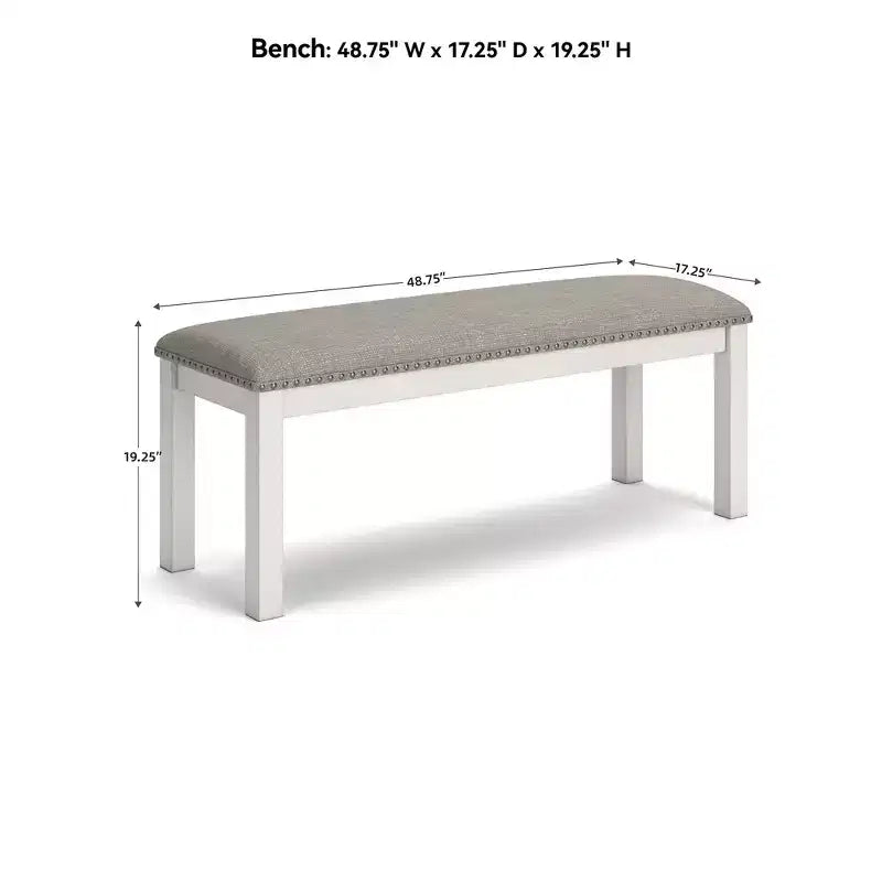 Banc de salle à manger capitonné avec garniture cloutée, blanc antique
