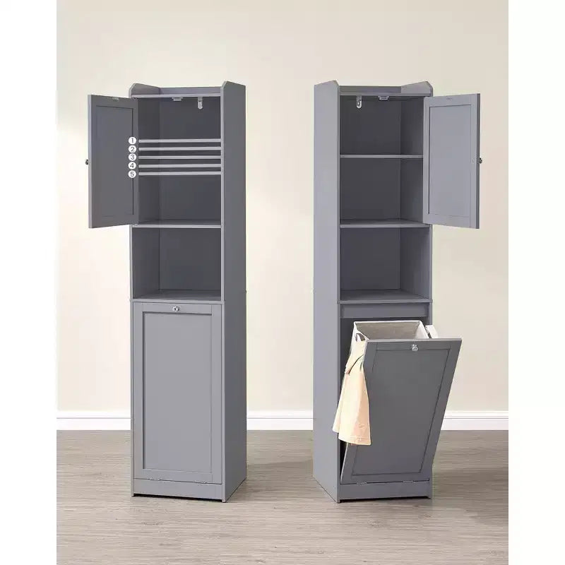 Meuble Colonne de Salle de Bain Haute avec Panier à Linge, Sac Amovible, Compartiment avec Porte, Tour de Rangement