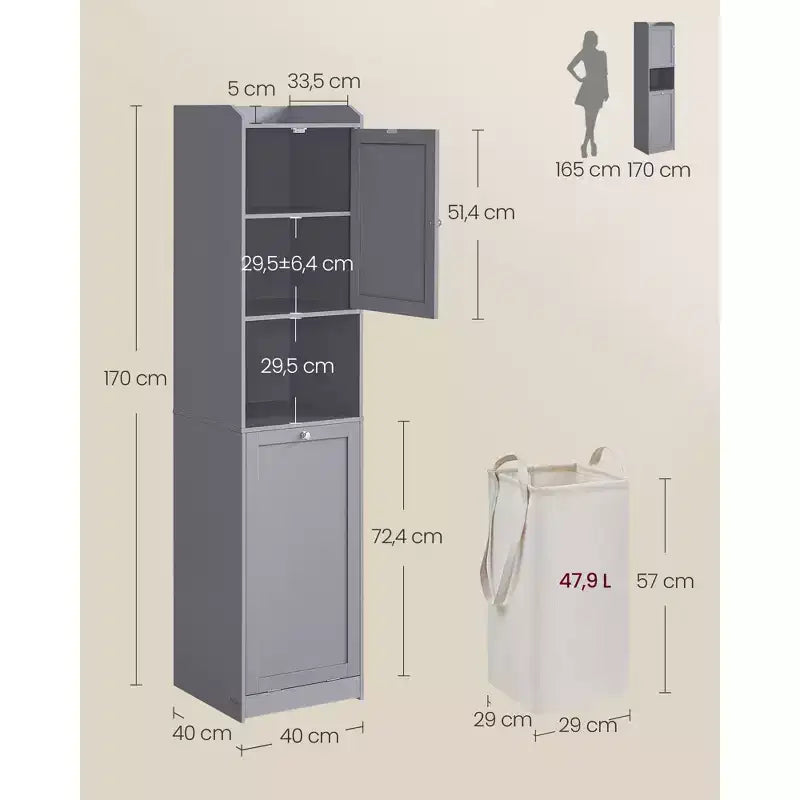 Meuble Colonne de Salle de Bain Haute avec Panier à Linge, Sac Amovible, Compartiment avec Porte, Tour de Rangement