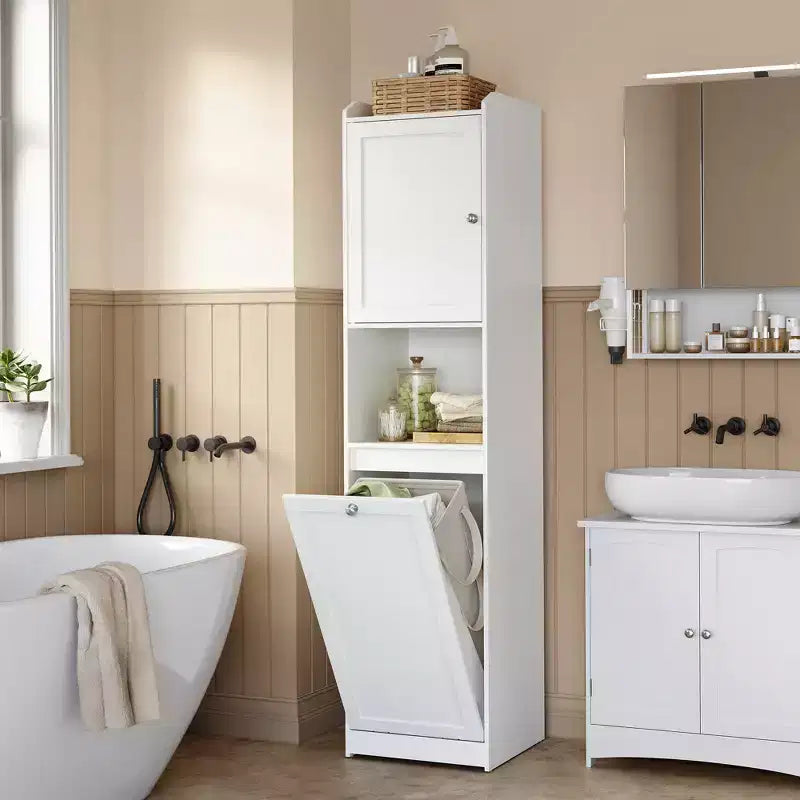 Meuble Colonne de Salle de Bain Haute avec Panier à Linge, Sac Amovible, Compartiment avec Porte, Tour de Rangement