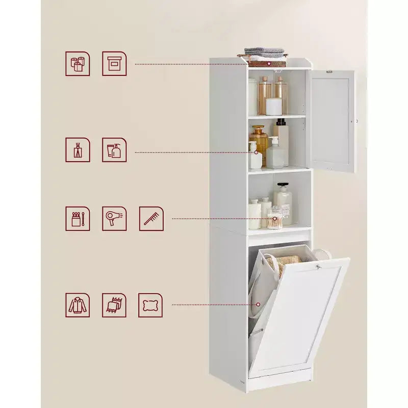Meuble Colonne de Salle de Bain Haute avec Panier à Linge, Sac Amovible, Compartiment avec Porte, Tour de Rangement