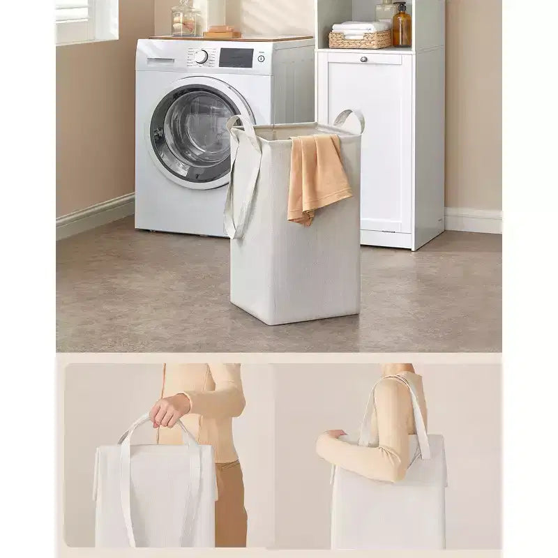 Meuble Colonne de Salle de Bain Haute avec Panier à Linge, Sac Amovible, Compartiment avec Porte, Tour de Rangement