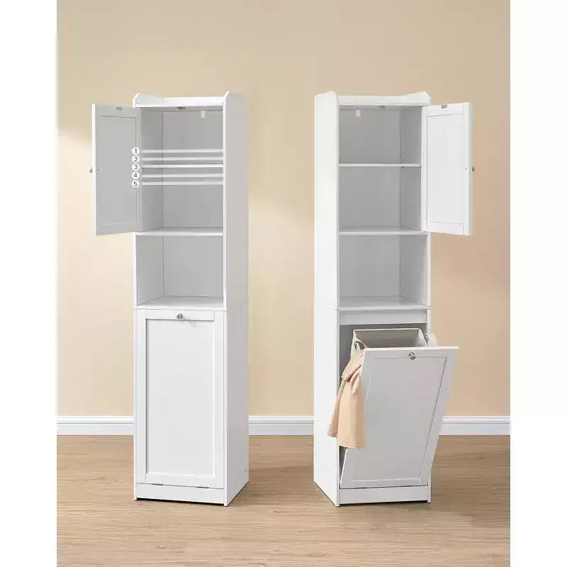 Meuble Colonne de Salle de Bain Haute avec Panier à Linge, Sac Amovible, Compartiment avec Porte, Tour de Rangement