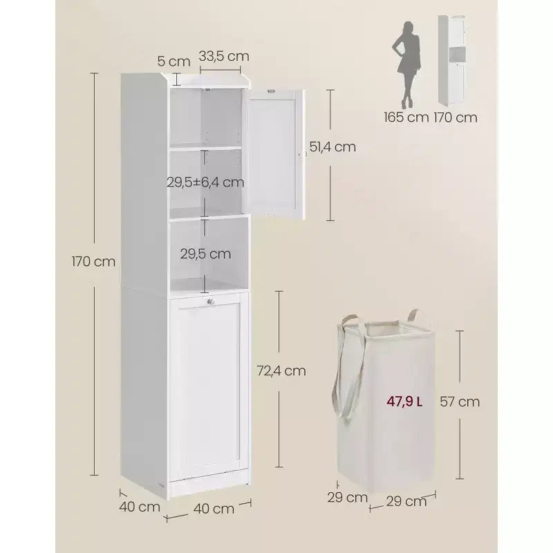 Meuble Colonne de Salle de Bain Haute avec Panier à Linge, Sac Amovible, Compartiment avec Porte, Tour de Rangement