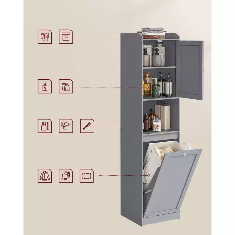 Meuble Colonne de Salle de Bain Haute avec Panier à Linge, Sac Amovible, Compartiment avec Porte, Tour de Rangement