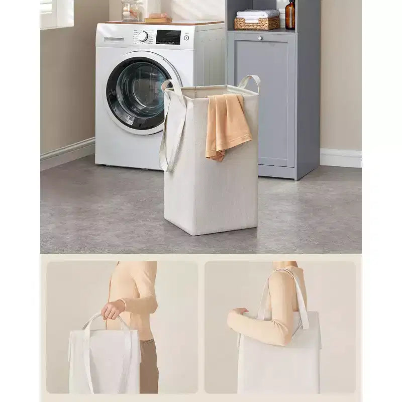 Meuble Colonne de Salle de Bain Haute avec Panier à Linge, Sac Amovible, Compartiment avec Porte, Tour de Rangement