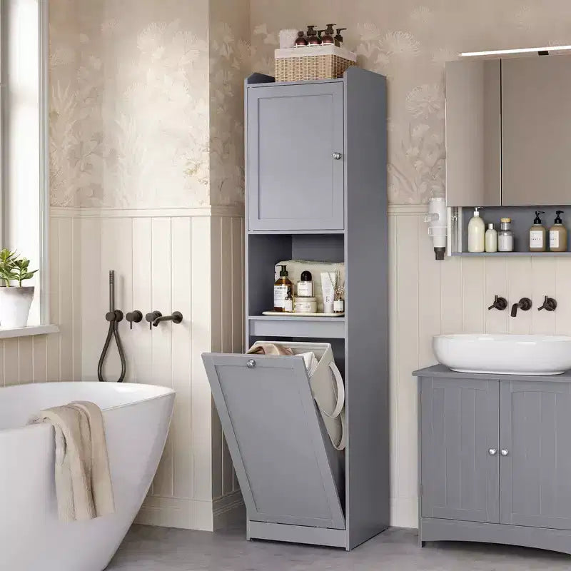Meuble Colonne de Salle de Bain Haute avec Panier à Linge, Sac Amovible, Compartiment avec Porte, Tour de Rangement